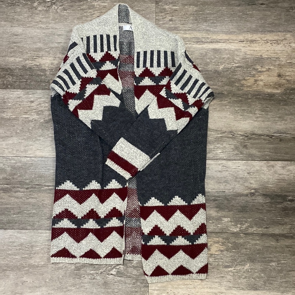 Gorgeous aztec style cardigan/sweater with dark and lights greys and deep maroon